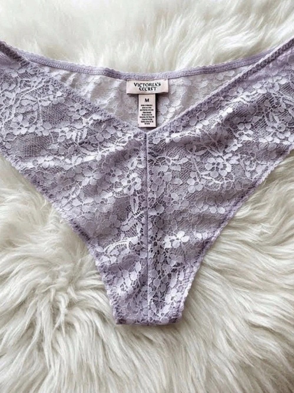 Victoria's Secret Cotton Lace-Trim V-String Panty Floral Purple Medium